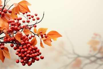  a branch with red berries hanging from it's leaves and a blurry background of leaves and branches with red berries hanging from it's branches and orange leaves.