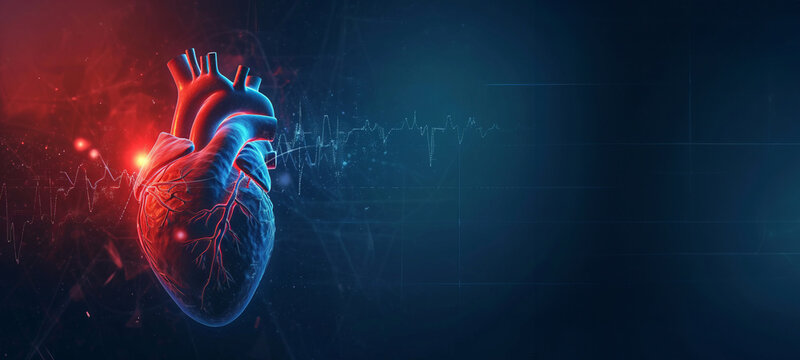 Human heart with cardiogram. Emergency ECG monitoring. Human heart shape neon glowing light with copy space