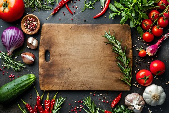 Add flavor to veggies and herbs wooden frame backdrop for food, empty space, Generative AI.