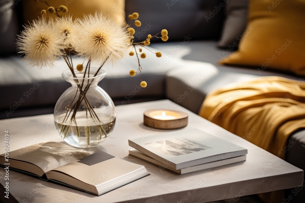 Poster a table topped with a vase filled with flowers next to a book and a candle on top of a table next to