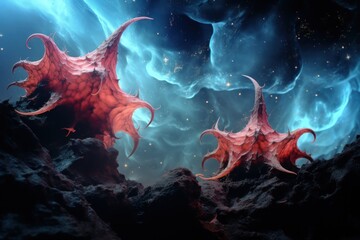 Fototapeta na wymiar a digital painting of two red dragon like creatures in a blue and black sky filled with clouds of smoke and gas and gas rising from the top of a rocky outcrop.