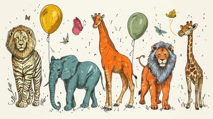 Naklejka premium Joyful Safari Friends in a Whimsical Jungle: Playful Lion, Giraffe, Elephant, and Flora.