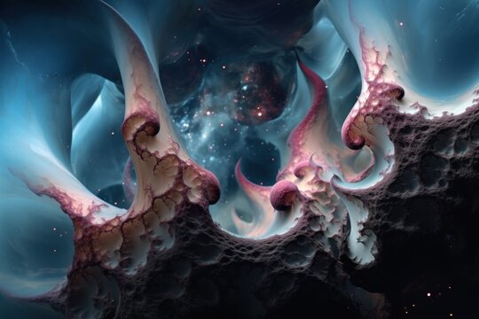  a close up of a computer generated image of a blue, pink and white swirl on a black background with space in the middle of the middle of the image.