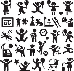 Set of silhouettes kids baby children editable vector icon in various poses