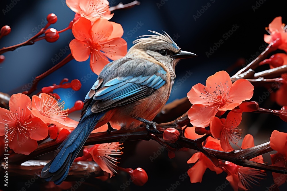 Poster a bird is sitting on a branch of a tree with red flowers in the foreground and a dark background wit