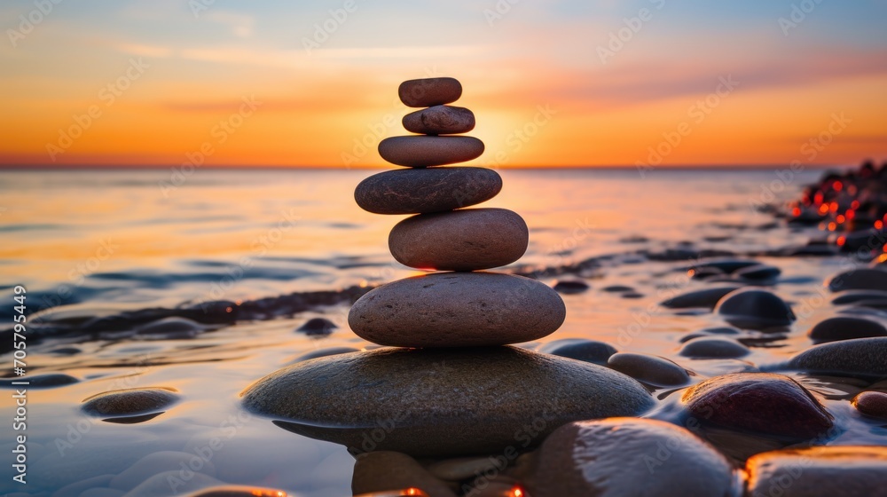Poster a stack of rocks sitting in the middle of a body of water with the sun setting in the background and