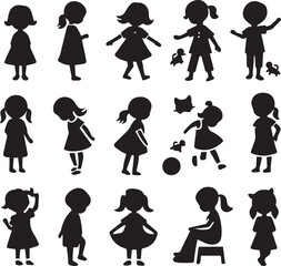 Set of silhouettes kids baby children editable vector icon in various poses