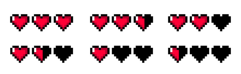 Video Game Hearts 8 bit Retro. Red Vector Pixel Hearts from Full Health To Low Health. - obrazy, fototapety, plakaty