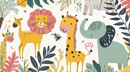 Joyful Safari Friends in a Whimsical Jungle: Playful Lion, Giraffe, Elephant, and Flora.