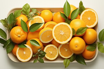  a bunch of oranges sitting on top of a tray with green leaves on the top of the tray and on the bottom of the tray is an orange cut in half.