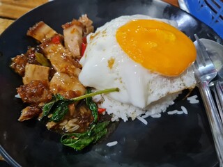 Crispy pork with basil and fried egg