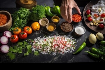 a table topped with lots of different types of vegetables next to bowls of seasoning and seasonings on top of a black counter top next to a person's hand.