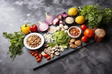  a cutting board topped with lots of different types of fruits and vegetables next to a bowl of nuts, tomatoes, lettuce, onions, mushrooms, and lemons.