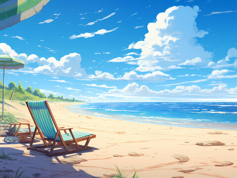 A Wide Sunny Beach, A Beach With Chairs On The Sand