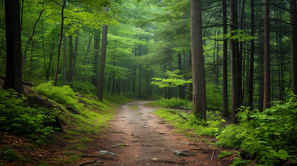 Obraz premium path in the forest, horizontal landscape. Landing page, background, banner. walk in the forest. travel, tourism. Scandinavia, park. walk or run, jogging