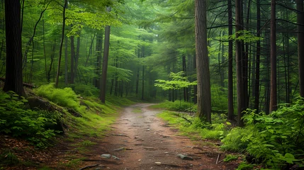 Plexiglas foto achterwand path in the forest, horizontal landscape. Landing page, background, banner. walk in the forest. travel, tourism. Scandinavia, park. walk or run, jogging © Lexxx20