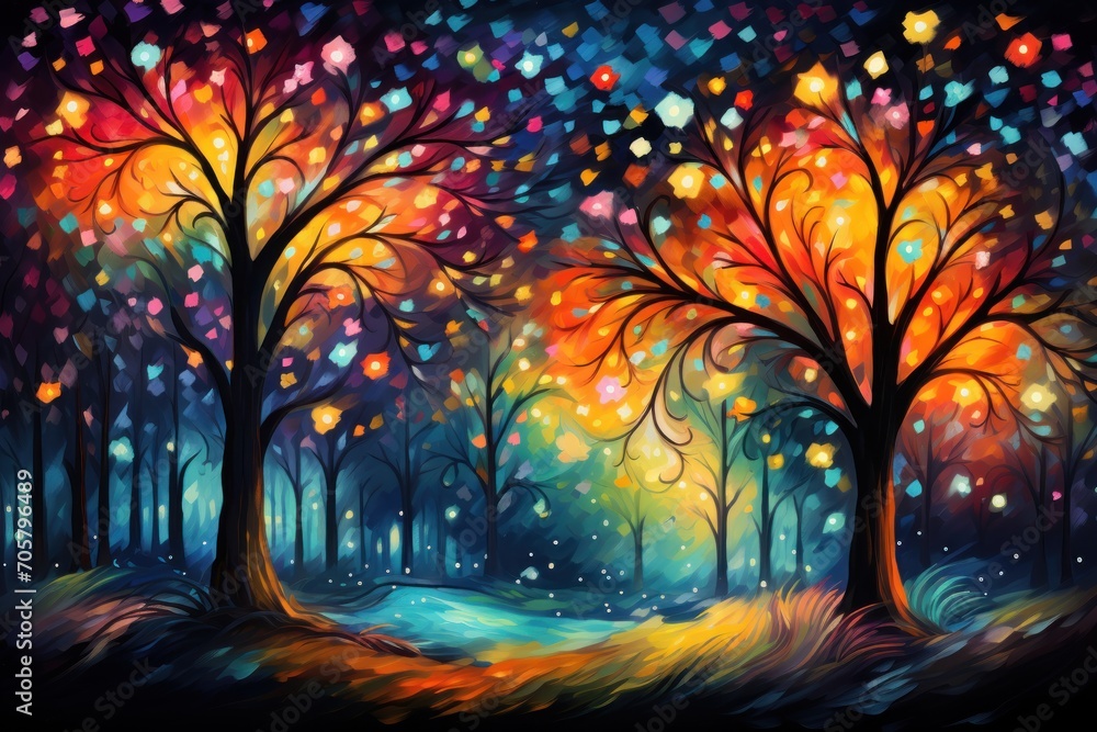 Poster a painting of a colorful forest with lots of trees in the foreground and a stream of water running t