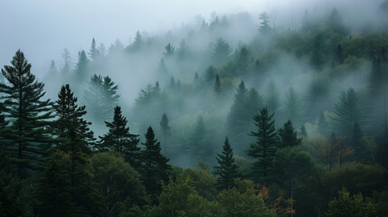 landscape, autumn forest in fog - photo ad. Nature, tourism. Fresh air. Travel, relaxing atmosphere. Scandinavia.