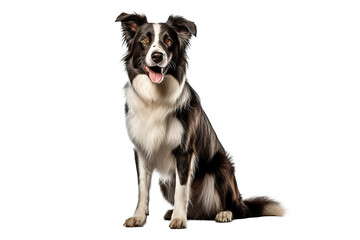 Black and white border collie sitting, isolated on white, transparent background, PNG. Portret of purebred dog, australian shepherd, pet. 