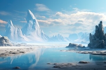 Fantasy landscape with island in the sea. 3d render illustration, Fantasy Landscape with Mountains and the sea, 3D rendering, AI Generated