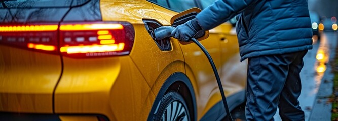 A man plugging in an electric car charging wire from a charging station. Charging an Electric Vehicle