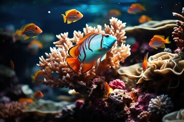  a group of orange and white fish swimming over a coral covered with seaweed and corals in a large aquarium with blue water and corals in the background.