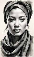 Ultra-realistic portrait of an oriental girl in a hooded scarf in black and white watercolor, shades of gray