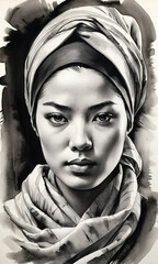 Ultra-realistic portrait of an oriental girl in a hooded scarf in black and white watercolor, shades of gray
