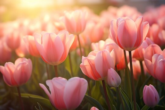  a field full of pink tulips with the sun shining through the leaves of the flowers in the middle of the picture, with a blurry background of the flowers.