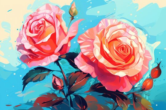  a painting of two pink roses with green leaves on a blue and yellow background with drops of water on the bottom of the image and bottom half of the image.