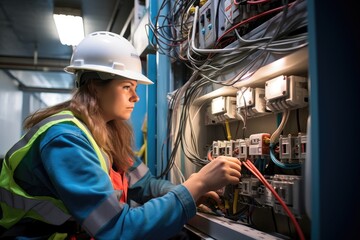 Female electrician checking fuse box in power plant. Selective focus, Female commercial electrician at work on a fuse box, adorned in safety gear, AI Generated - obrazy, fototapety, plakaty