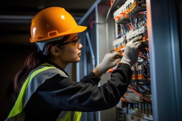 Portrait of female engineer in hardhat working on server in server room, Female commercial electrician at work on a fuse box, adorned in safety gear, AI Generated