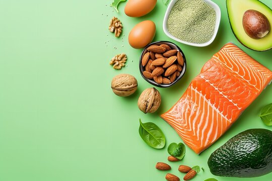 Nuts, seeds, avocado, eggs, salmon, and a backdrop of green represent the keto diet philosophy, Generative AI.