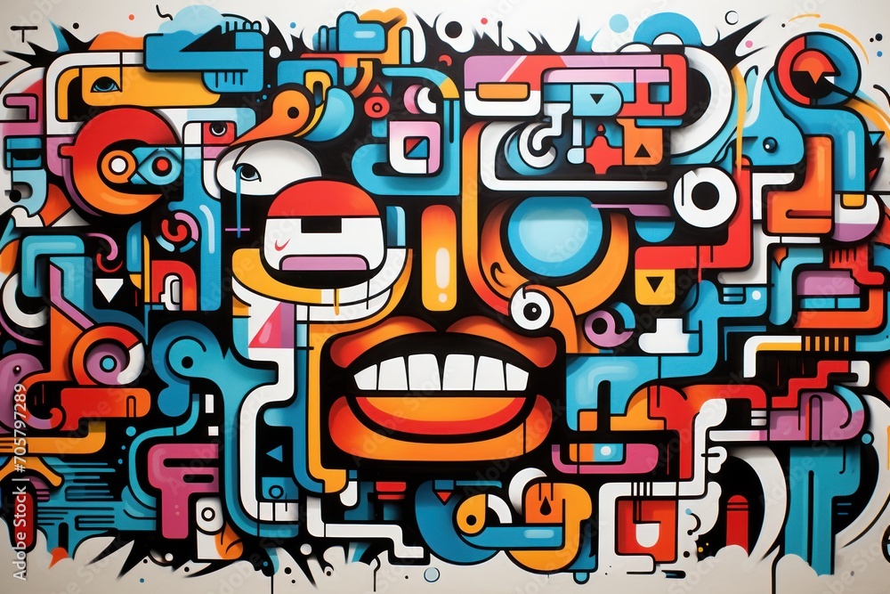 Poster a painting of a man's face made up of different colored shapes and sizes of different colors and siz