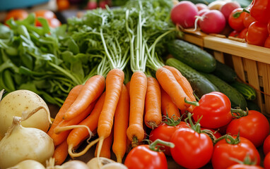 fresh vegetables on the market. different kinds of veggies. carrot, cabbage, salad, potato, cucumber, broccoli. fitness