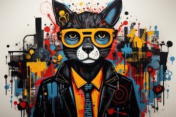  a painting of a cat wearing a leather jacket and yellow glasses with a black and white dog wearing a yellow shirt and tie with a black jacket and yellow and red splat.