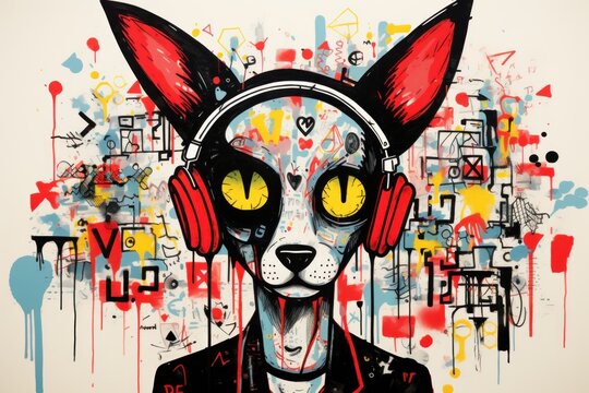  a painting of a dog with headphones on it's ears and a cat's face painted in red, blue, yellow, black, and white.