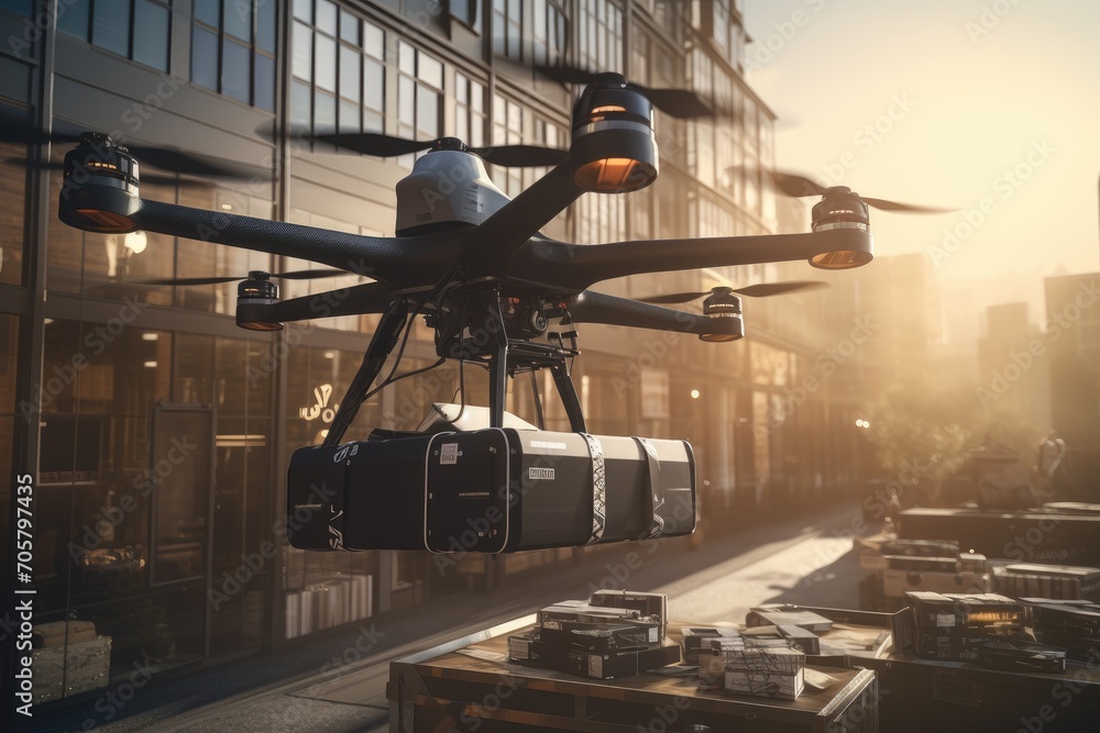 Poster drone flying over the city. 3d rendering. illustration, experience intelligent package delivery usin