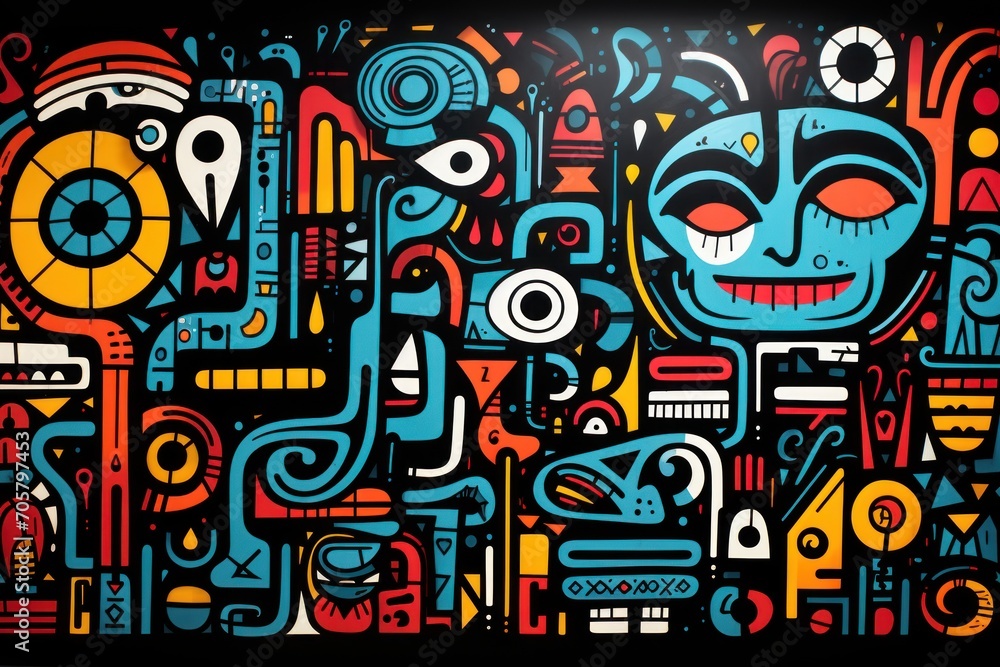 Poster a colorful painting of a face surrounded by many different shapes and sizes of lines and shapes on a
