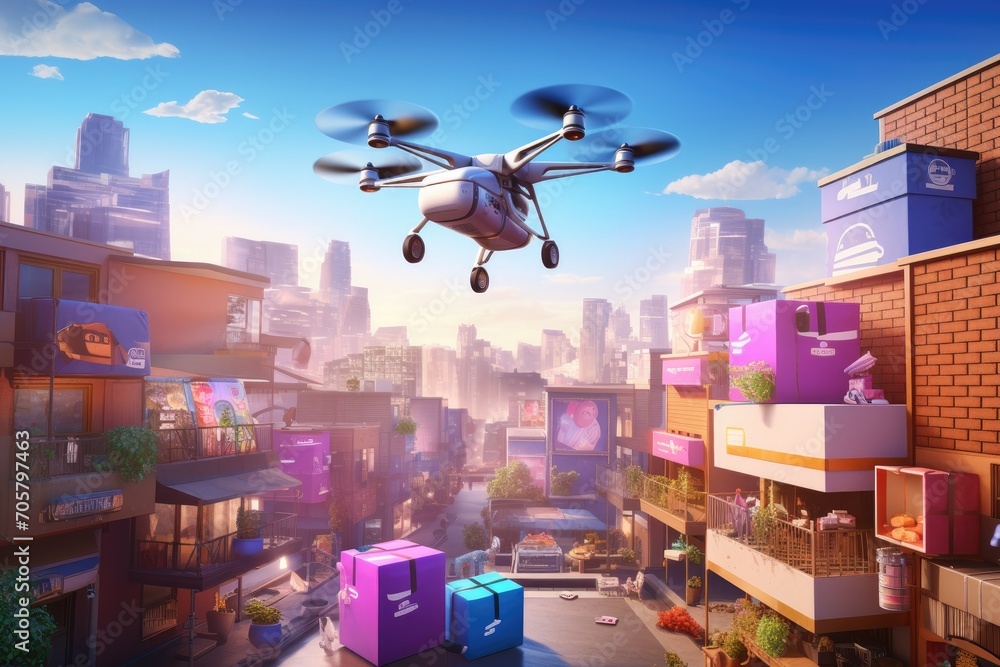 Poster drone with digital camera flying over the city at sunset. 3d rendering, experience intelligent packa