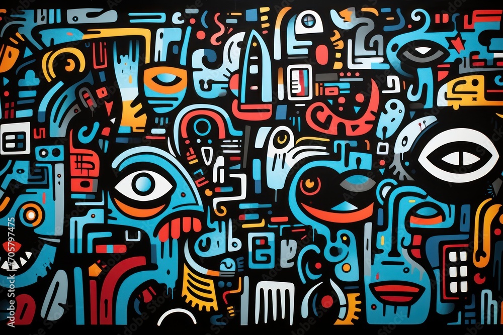 Poster a close up of a painting on a wall with many different shapes and sizes of faces and lines of differ