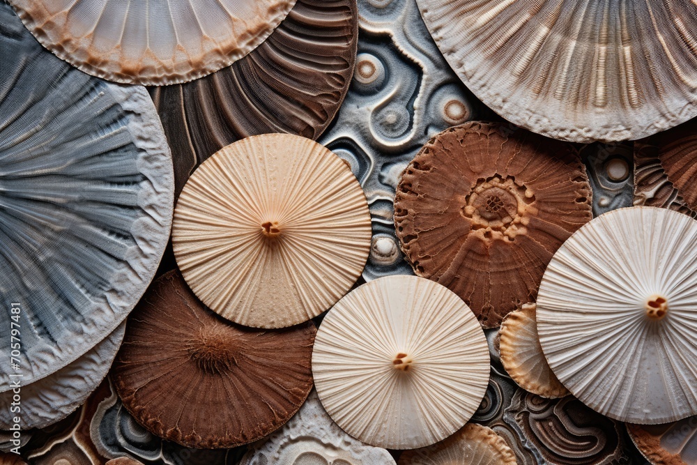 Poster close up of various shapes and sizes of seashells as a background, experience rich textures with mac