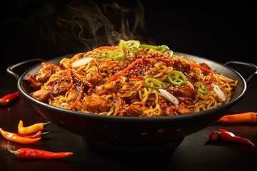 stir-fried noodles with chicken and vegetables in a wok, Experience a flaming spice sensation with sizzling stir-fried noodles, engulfed in fiery flames for mouthwatering flavors, AI Generated
