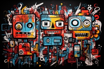  a painting of a group of robot heads with different colors and shapes on a black background with spray paint splattered all over the top of the image and bottom half of the image.