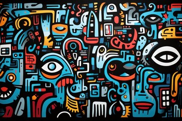  a close up of a painting on a wall with many different shapes and sizes of faces and lines of different colors and shapes on a black background of blue, red, orange, red, white, blue, and black.