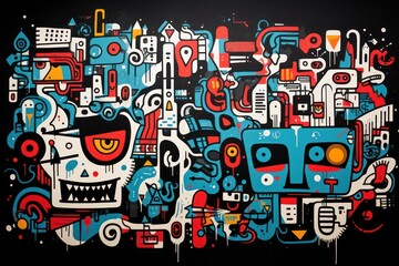  a picture of a painting on a wall with a lot of different colors and shapes on it and a black background with a red, blue, yellow, red, orange, and white, and orange, and black design.