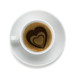 coffee cup with three hearts on the coffee top cream

