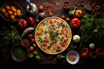  a pizza sitting on top of a wooden table covered in lots of veggies and seasoning next to a bowl of tomatoes, onions, peppers, peppers, onions, garlic, and other vegetables.