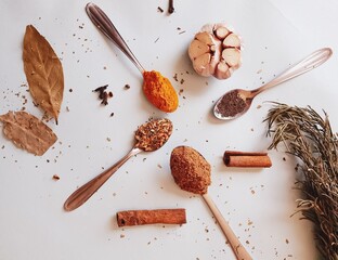 variety of seasonings onblue rustic background