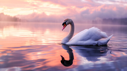 Swan on Water at colorful Sunset - Symbol of Elegance and Peace